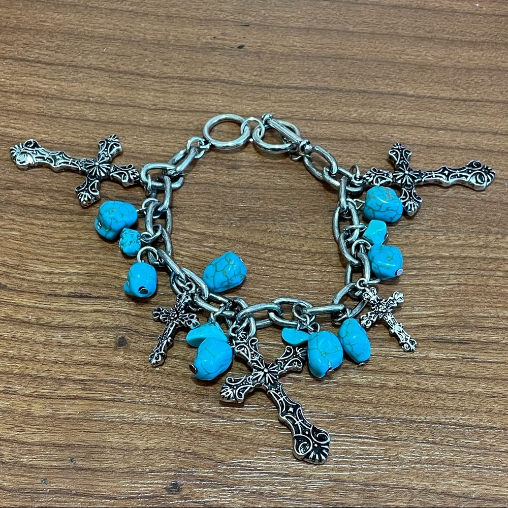 Alexandria Turquoise Marble Beaded Silver Cross Charm Bracelet